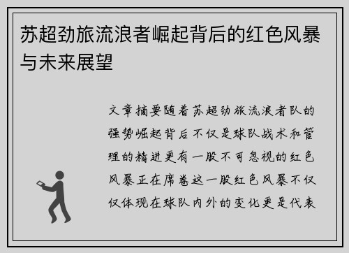 苏超劲旅流浪者崛起背后的红色风暴与未来展望