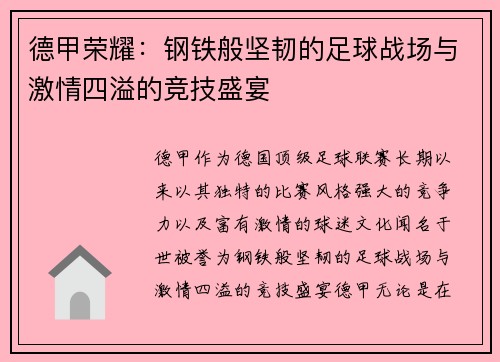 德甲荣耀：钢铁般坚韧的足球战场与激情四溢的竞技盛宴