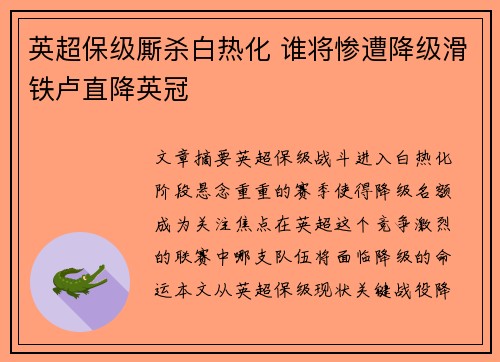 英超保级厮杀白热化 谁将惨遭降级滑铁卢直降英冠